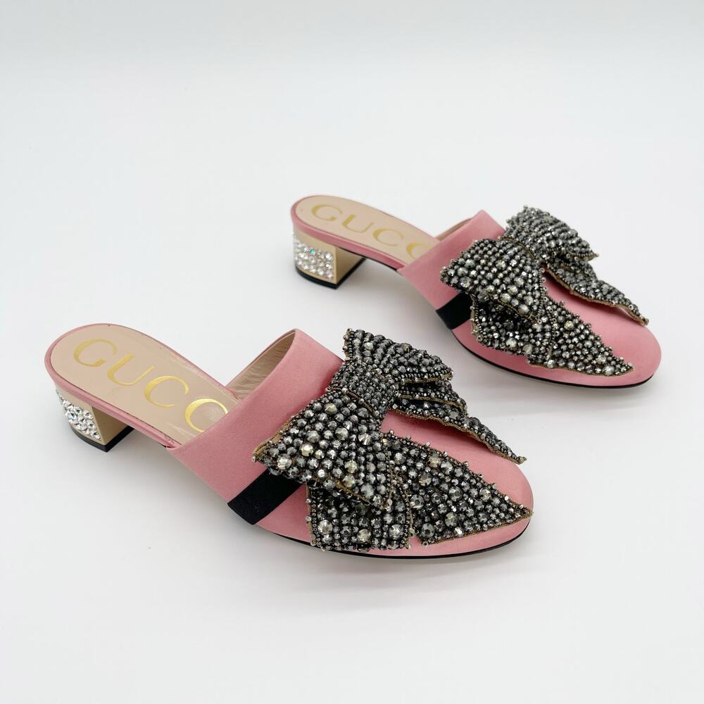 Gucci Candy Pink Silk Removable Crystal Embellished Bow Block Heel Mules EU 37 - Picture 2 of 16